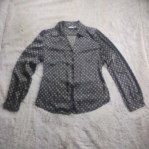 Semantiks Silk Blend Long Sleeve Button Up Women's Medium Brown Blue